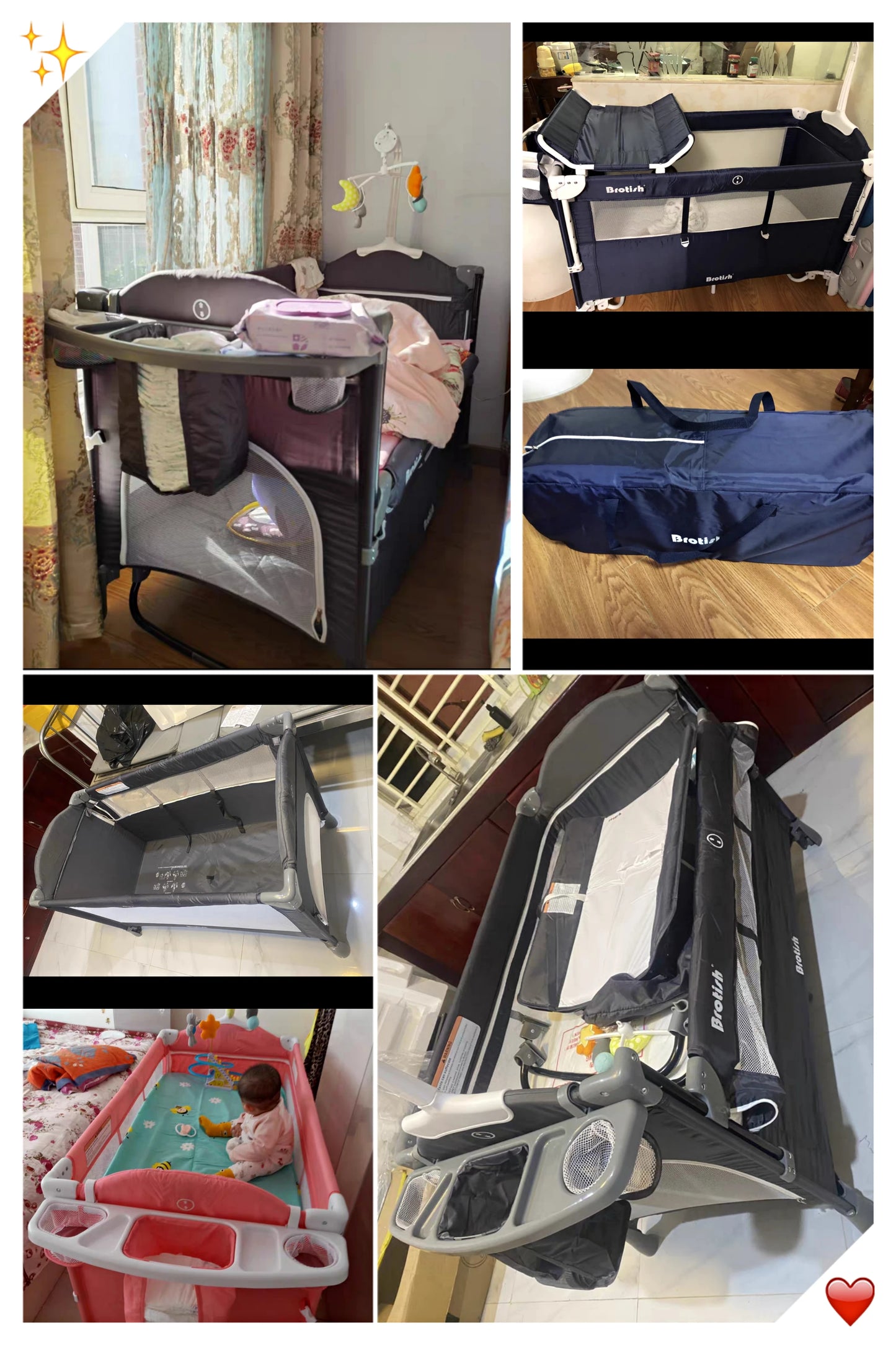 Baby Multifunctional Crib 0~6 Years Old Baby Bed, Baby Rocker, Diaper Changing Table Baby Cot Free Installation Foldable Crib
