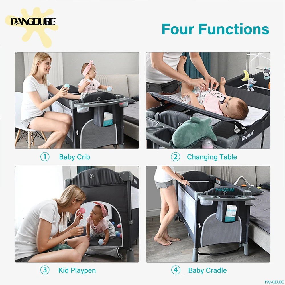 Baby Multifunctional Crib 0~6 Years Old Baby Bed, Baby Rocker, Diaper Changing Table Baby Cot Free Installation Foldable Crib