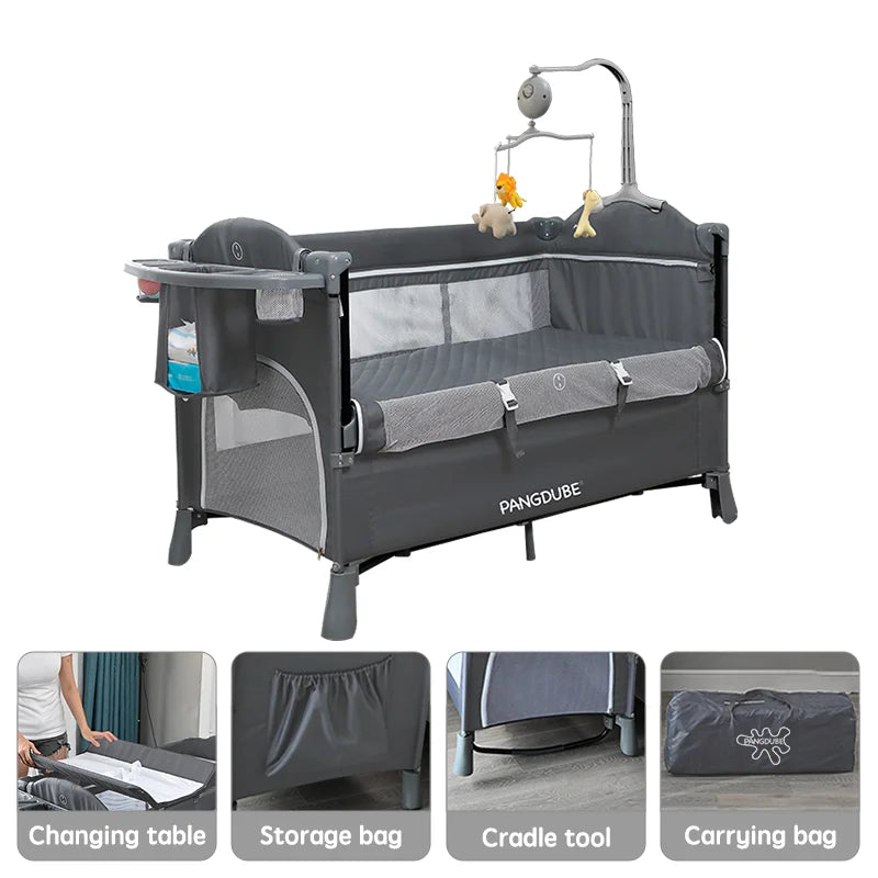 Baby Multifunctional Crib 0~6 Years Old Baby Bed, Baby Rocker, Diaper Changing Table Baby Cot Free Installation Foldable Crib