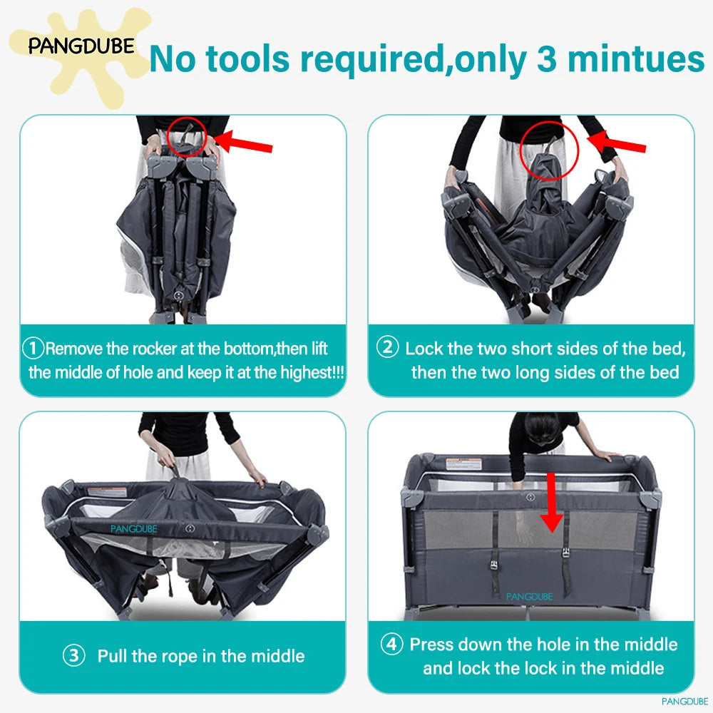 Baby Multifunctional Crib 0~6 Years Old Baby Bed, Baby Rocker, Diaper Changing Table Baby Cot Free Installation Foldable Crib